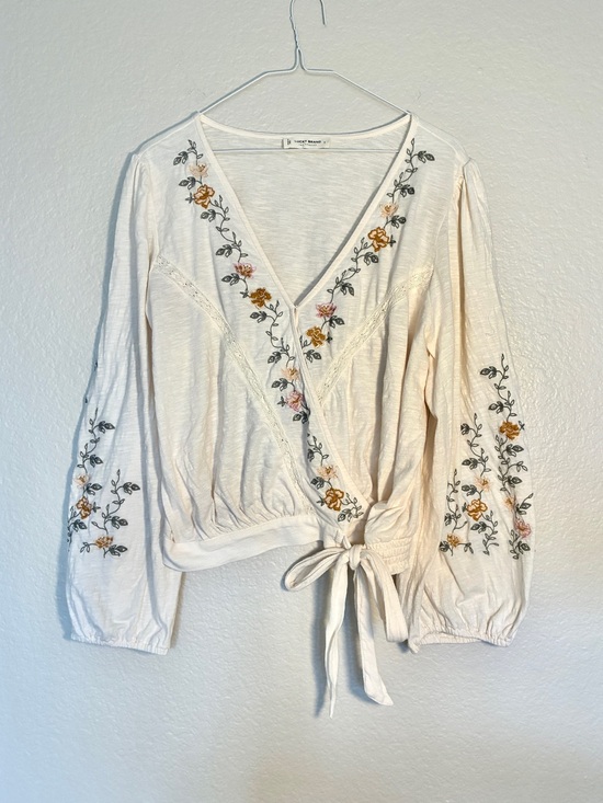 Lucky Brand Tops - Lucky Brand 100% Cotton Cream Embroidered Floral Pink Orange Green Wrap Top Boho